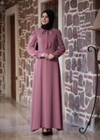Tesettür giyim PEMBE BALON KOL DÜĞME DETAYLI ELBİSE 5613