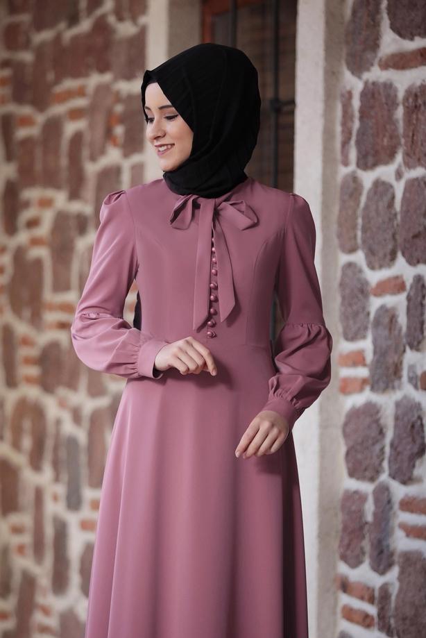 Tesettür giyim  BALON KOL DÜĞME DETAYLI ELBİSE 5613 - TRENDTESETTÜR