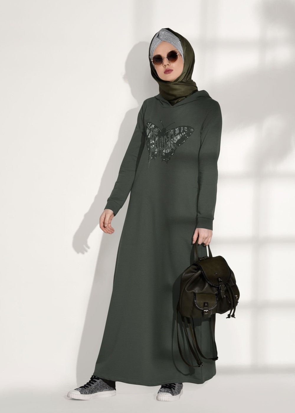 Tesettür giyim HAKİ KELEBEK DETAYLI SPOR ELBİSE 6208