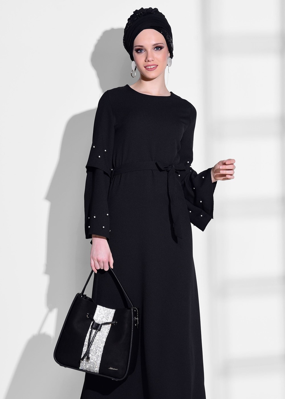 Tesettür giyim SİYAH T 6775 Asmiray-İşleme Detaylı Elbise
