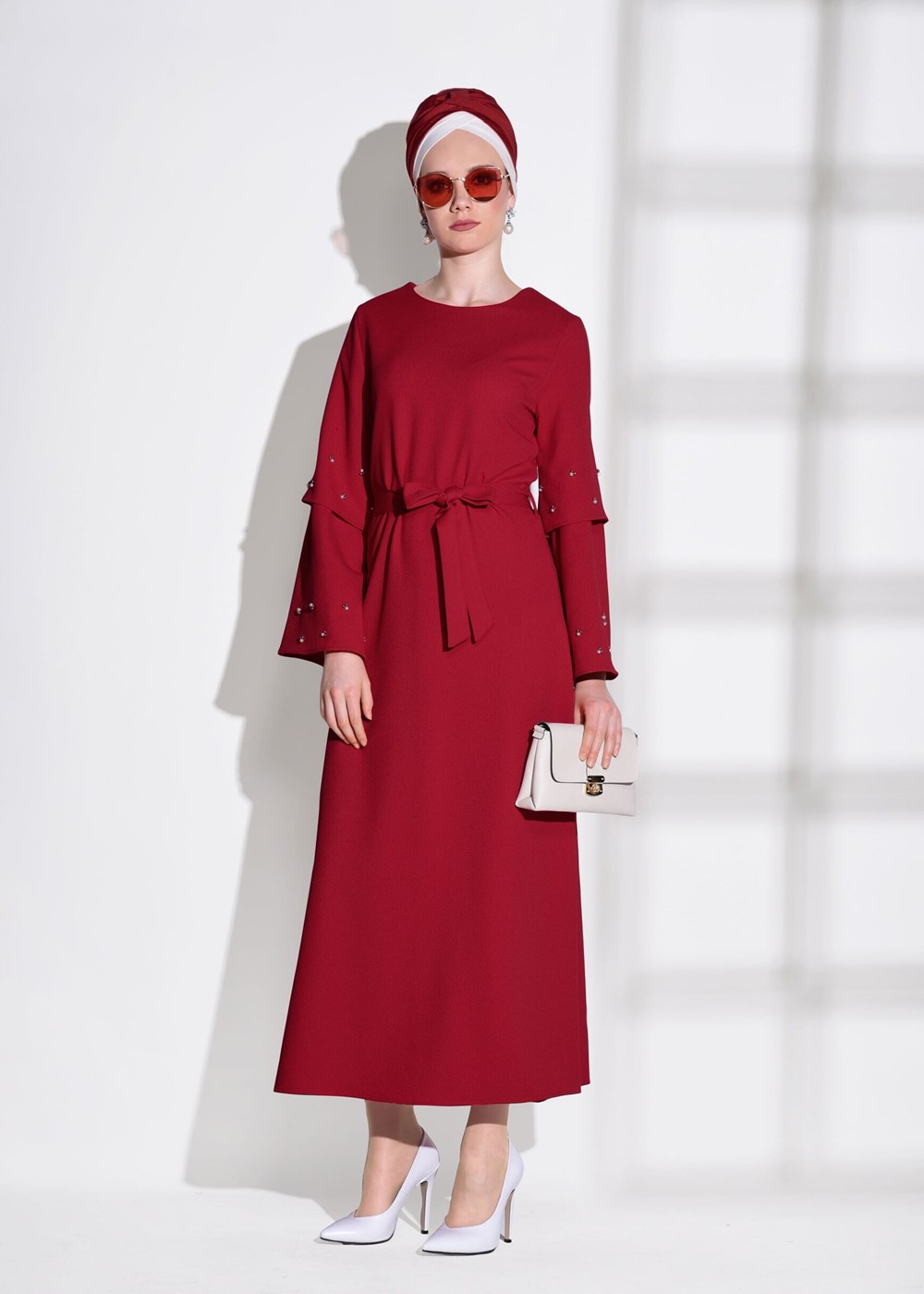 Tesettür giyim KIRMIZI T 6775 Asmiray-İşleme Detaylı Elbise