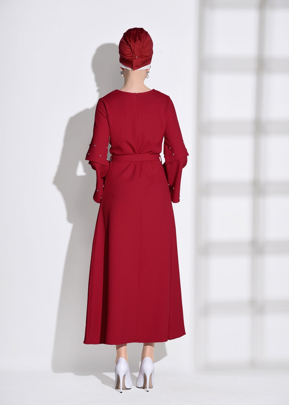 Tesettür giyim KIRMIZI T 6775 Asmiray-İşleme Detaylı Elbise