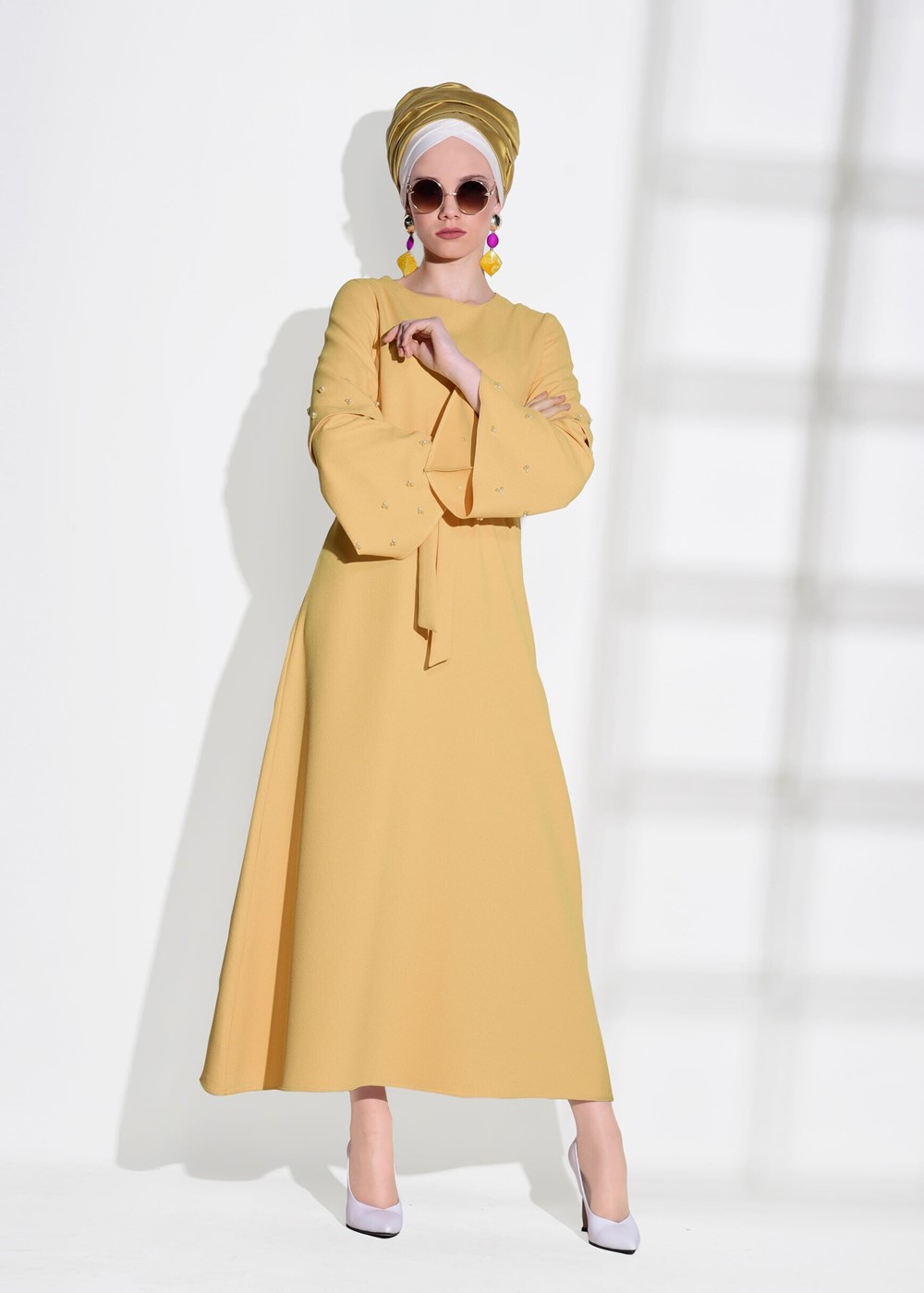 Tesettür giyim SARI T 6775 Asmiray-İşleme Detaylı Elbise