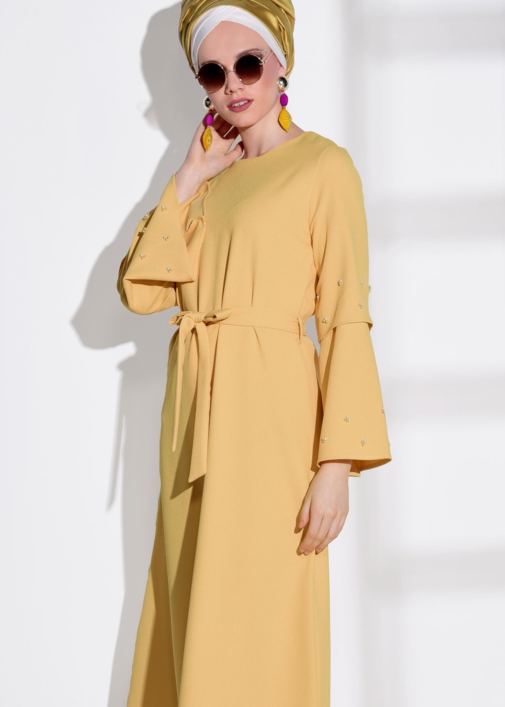 Tesettür giyim SARI T 6775 Asmiray-İşleme Detaylı Elbise