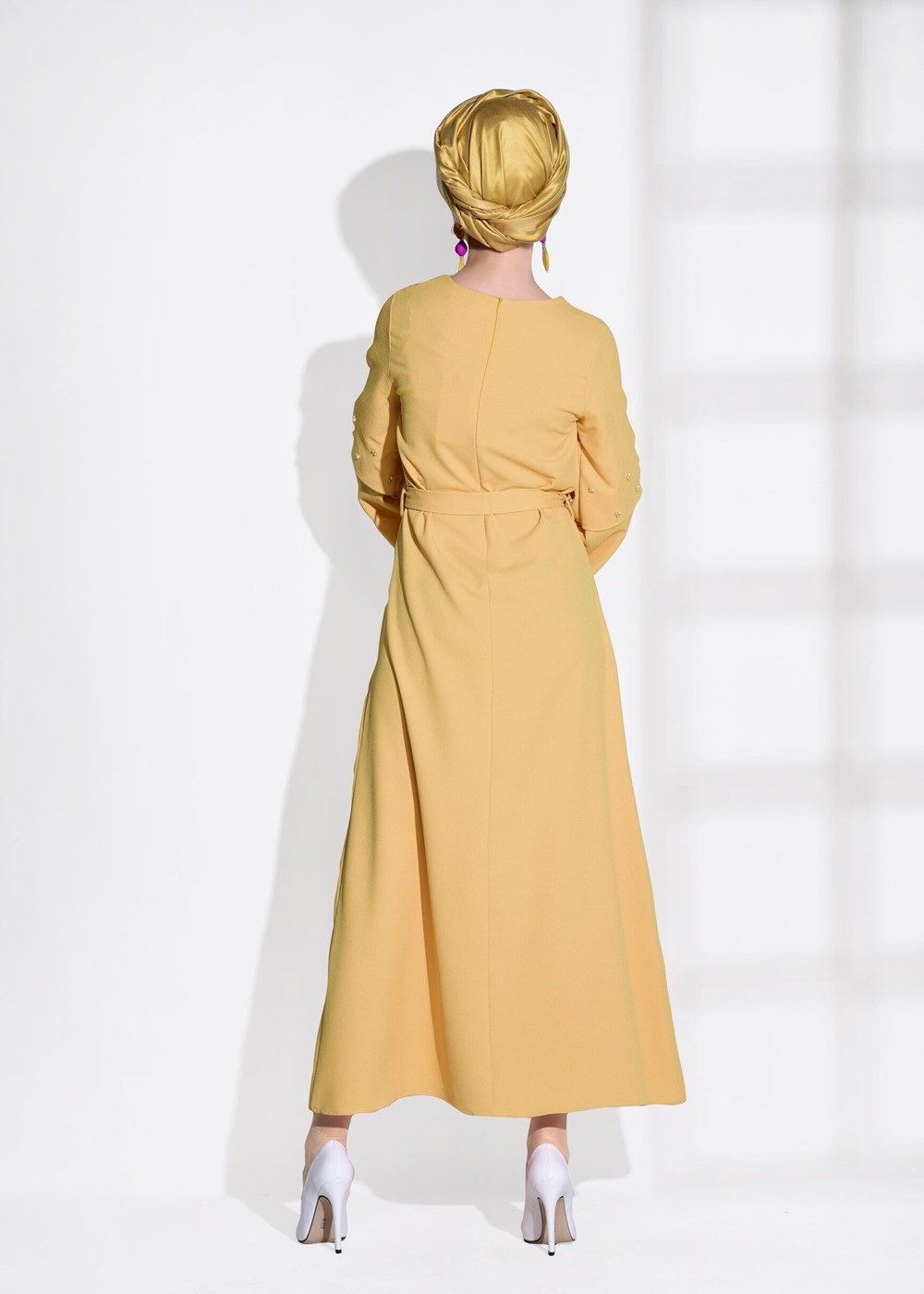 Tesettür giyim SARI T 6775 Asmiray-İşleme Detaylı Elbise