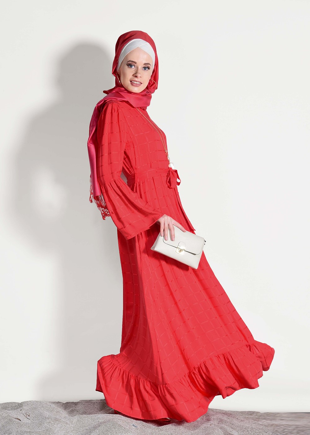 Tesettür giyim KIRMIZI T 7085 Asmiray- Fırfır Detaylı Elbise