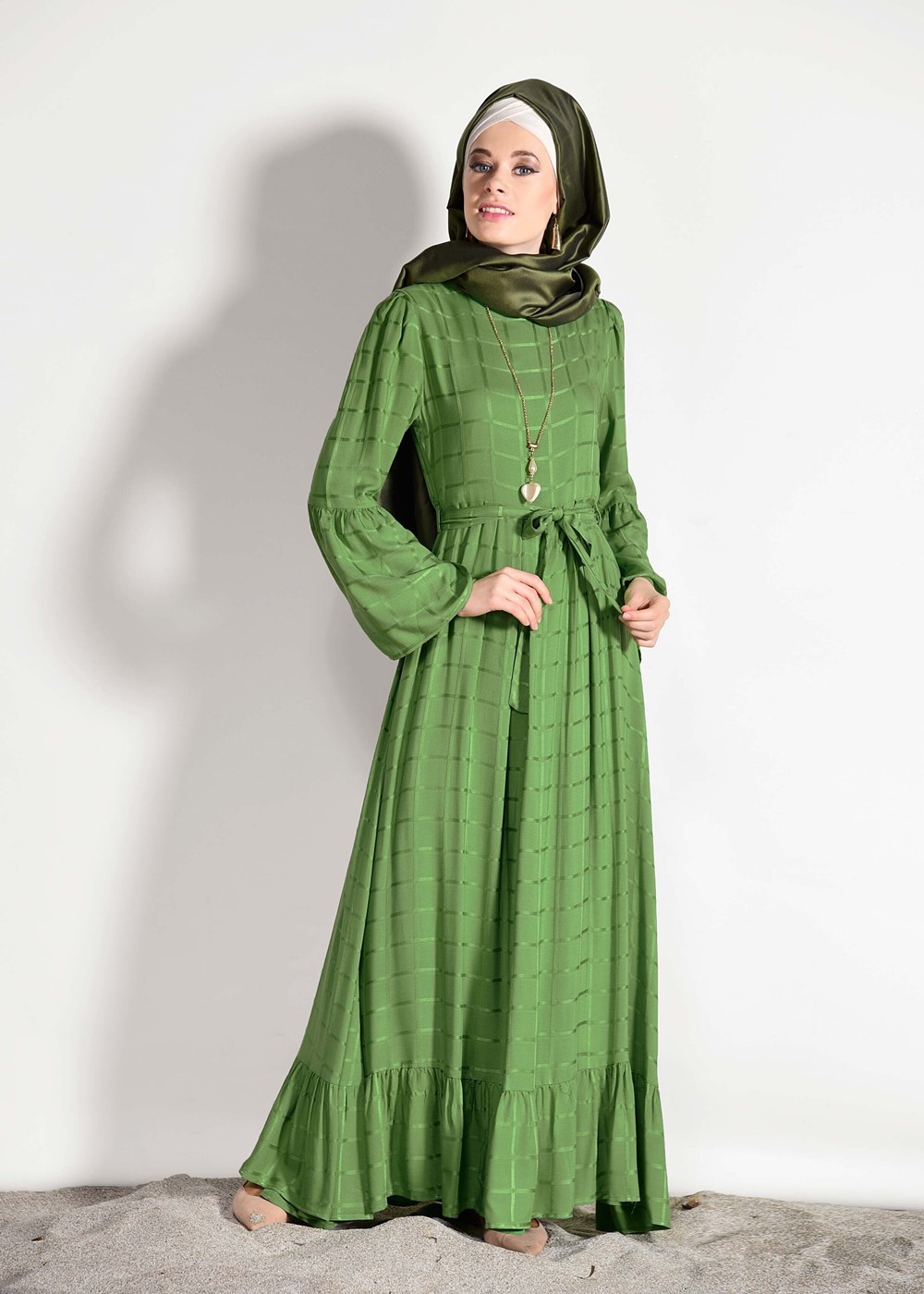 Tesettür giyim YEŞİL T 7085 Asmiray- Fırfır Detaylı Elbise