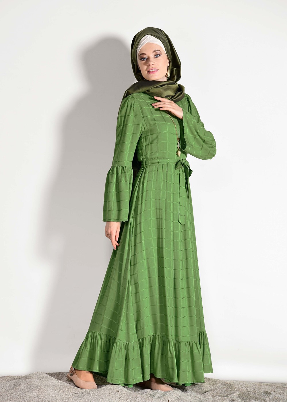 Tesettür giyim YEŞİL T 7085 Asmiray- Fırfır Detaylı Elbise