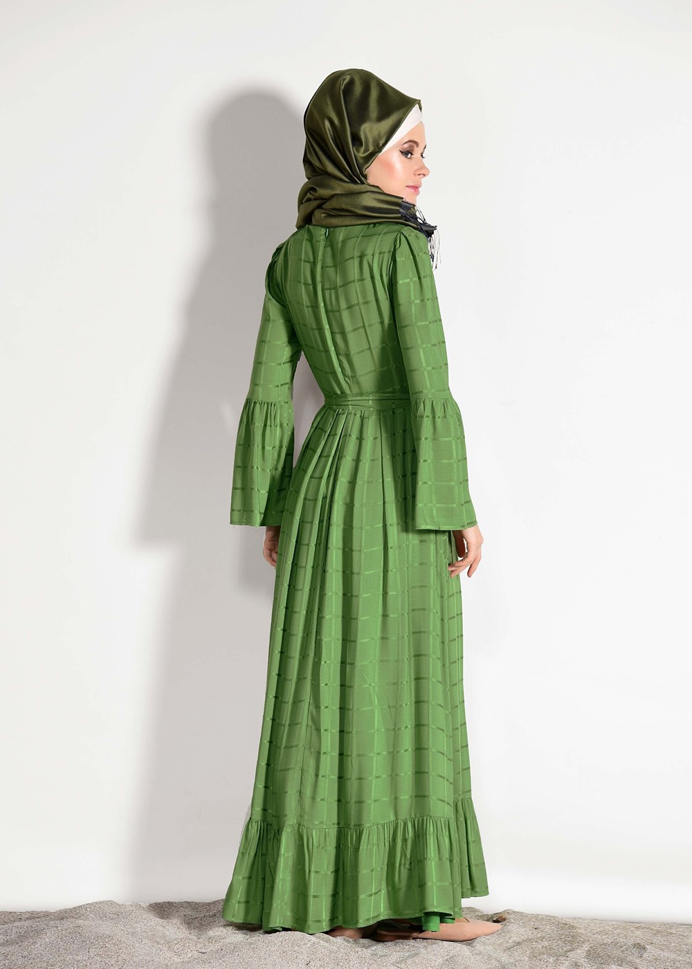 Tesettür giyim YEŞİL T 7085 Asmiray- Fırfır Detaylı Elbise