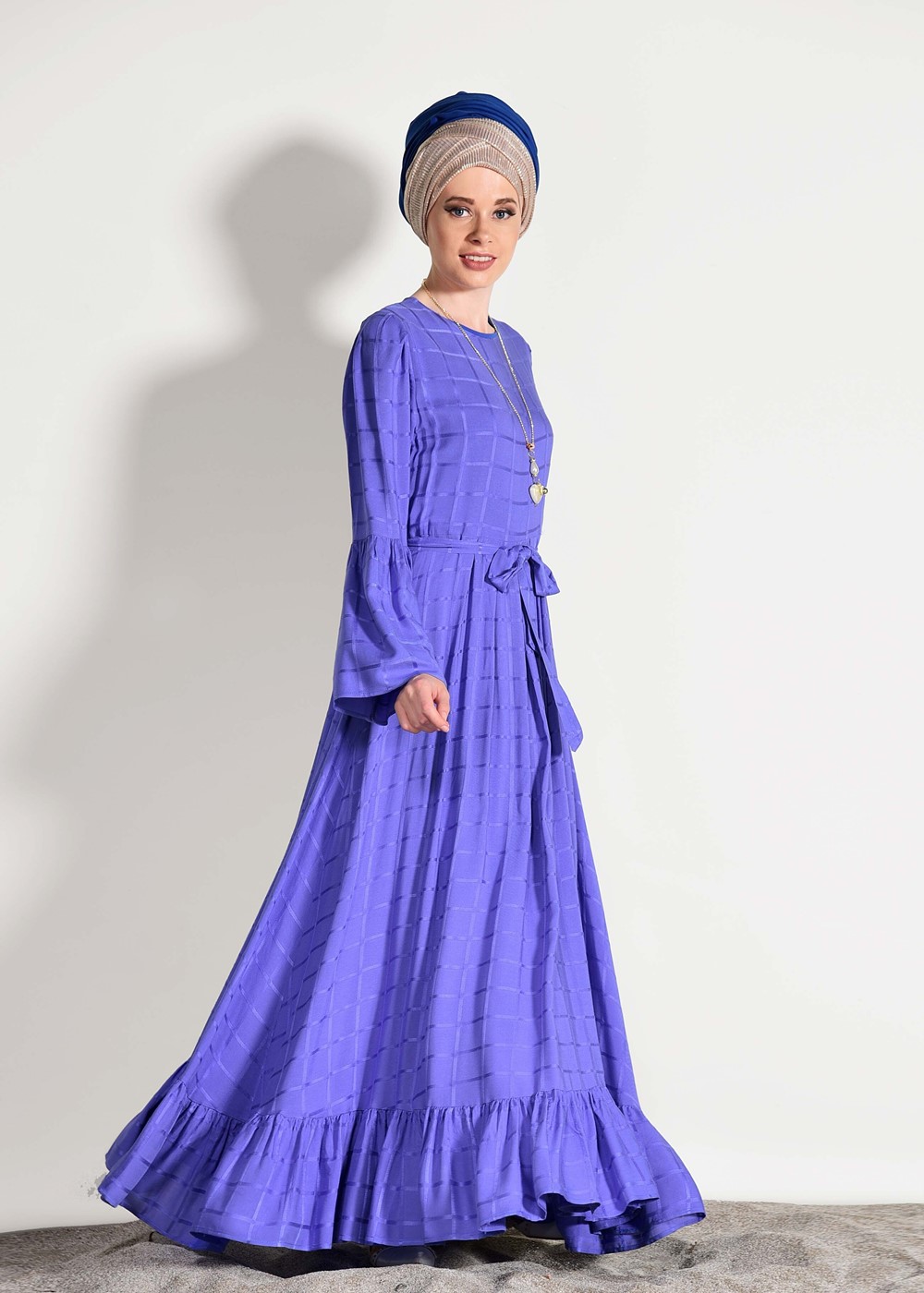 Tesettür giyim LACİVERT T 7085 Asmiray- Fırfır Detaylı Elbise