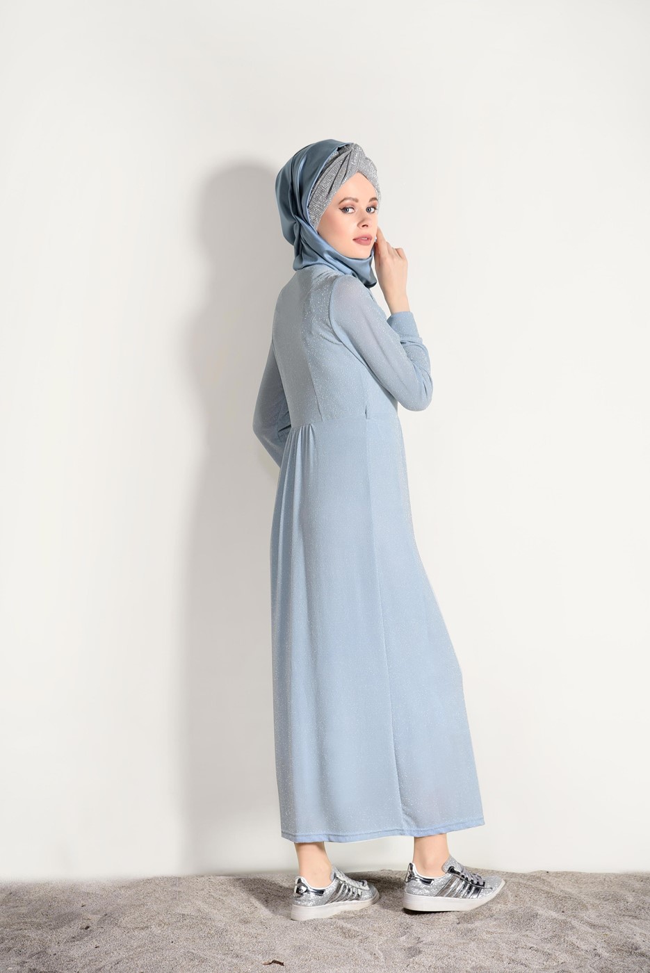 Tesettür giyim MAVİ SİMLİ KUMAŞ DÜĞME DETAYLI ELBİSE 7475 