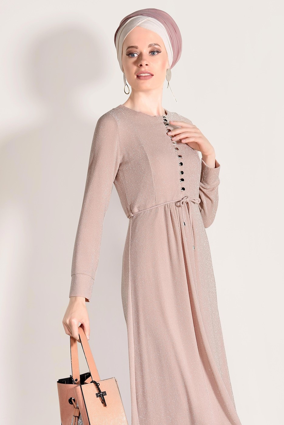 Tesettür giyim PUDRA SİMLİ KUMAŞ DÜĞME DETAYLI ELBİSE 7475 