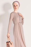 Tesettür giyim PUDRA SİMLİ KUMAŞ DÜĞME DETAYLI ELBİSE 7475 