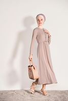 Tesettür giyim PUDRA SİMLİ KUMAŞ DÜĞME DETAYLI ELBİSE 7475 