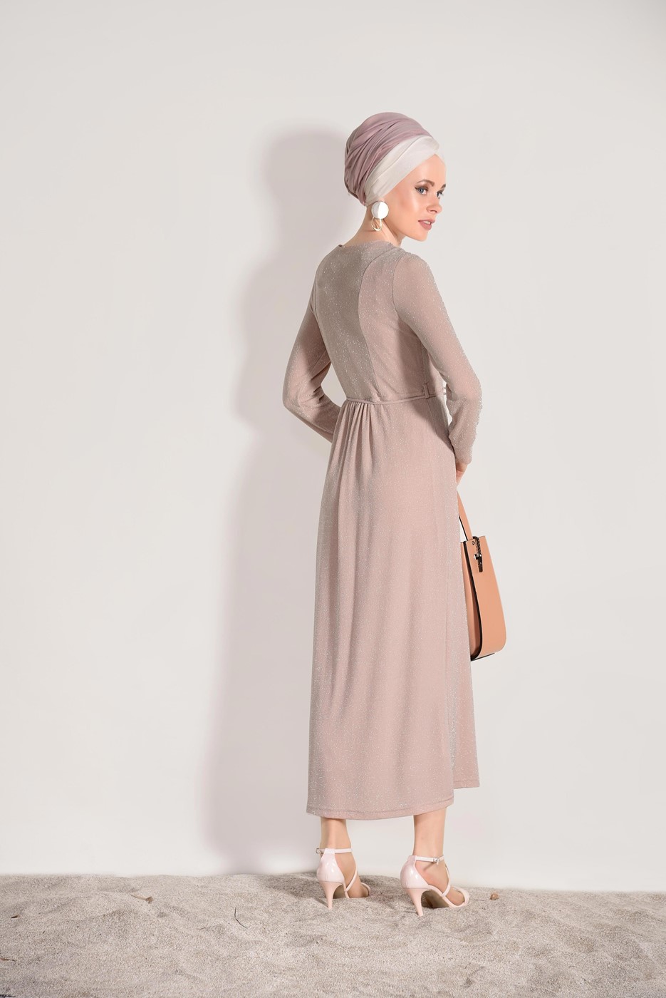 Tesettür giyim PUDRA SİMLİ KUMAŞ DÜĞME DETAYLI ELBİSE 7475 