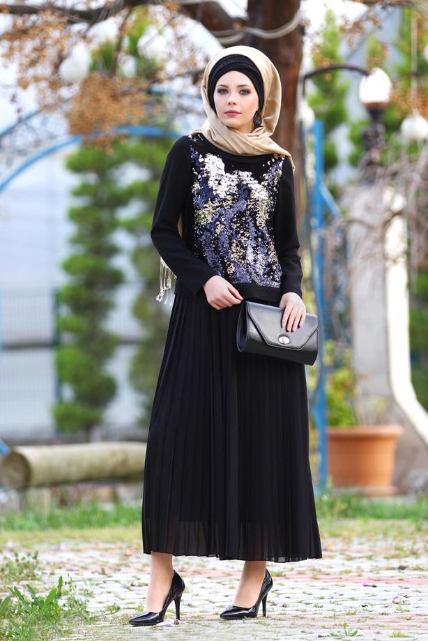 Vêtements hijab  SEQUIN DETAIL PLEATED DRESS T 7662 - TRENDTESETTÜR