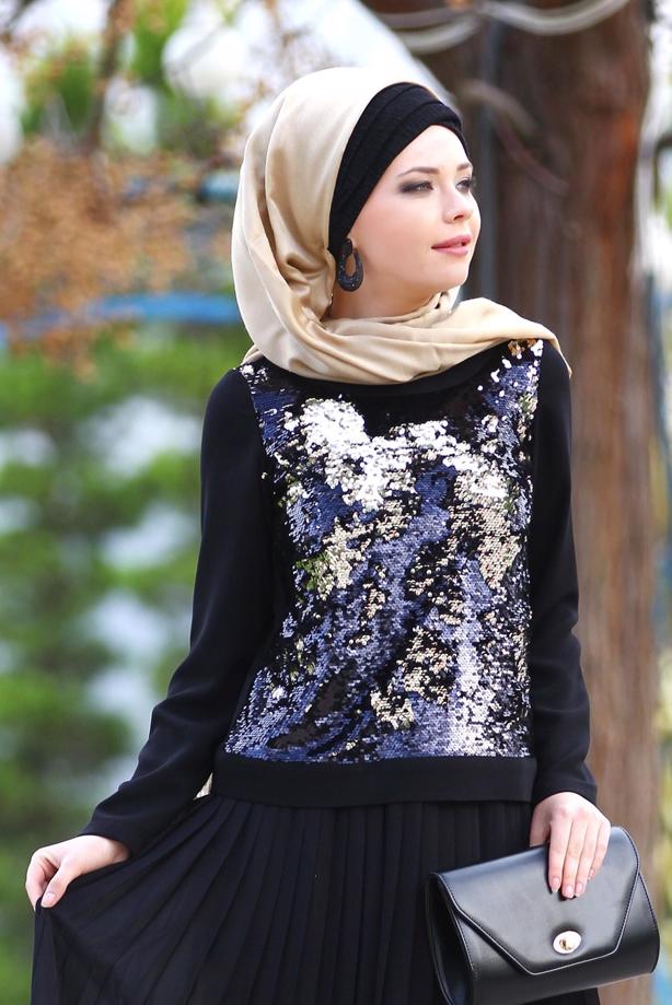Vêtements hijab  SEQUIN DETAIL PLEATED DRESS T 7662 - TRENDTESETTÜR