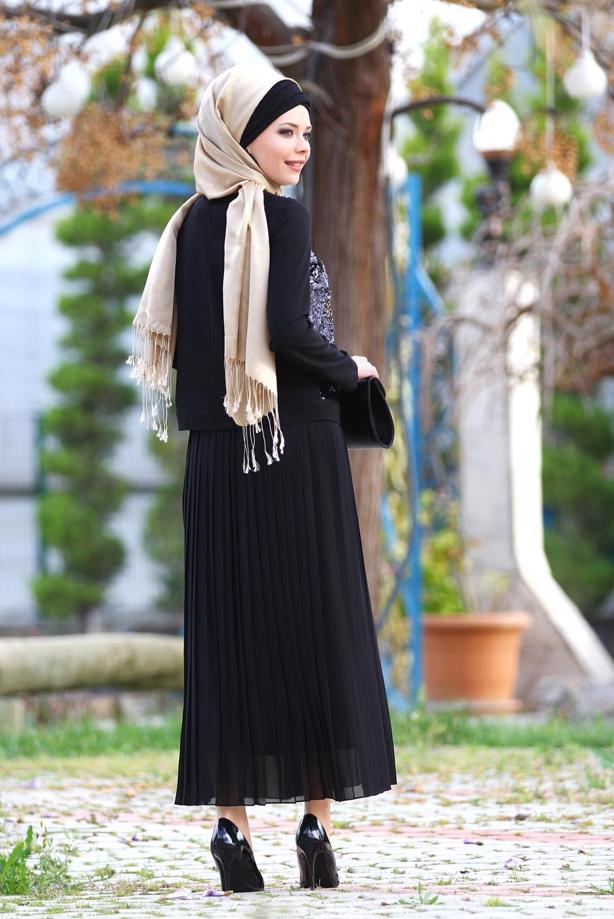 Vêtements hijab  SEQUIN DETAIL PLEATED DRESS T 7662 - TRENDTESETTÜR