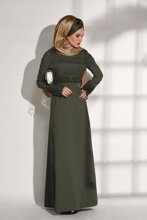 Tesettür giyim  T 7783 ModaBu-Güpür Detaylı Boncuklu Elbise - TRENDTESETTÜR