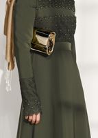 Tesettür giyim HAKİ T 7783 ModaBu-Güpür Detaylı Boncuklu Elbise