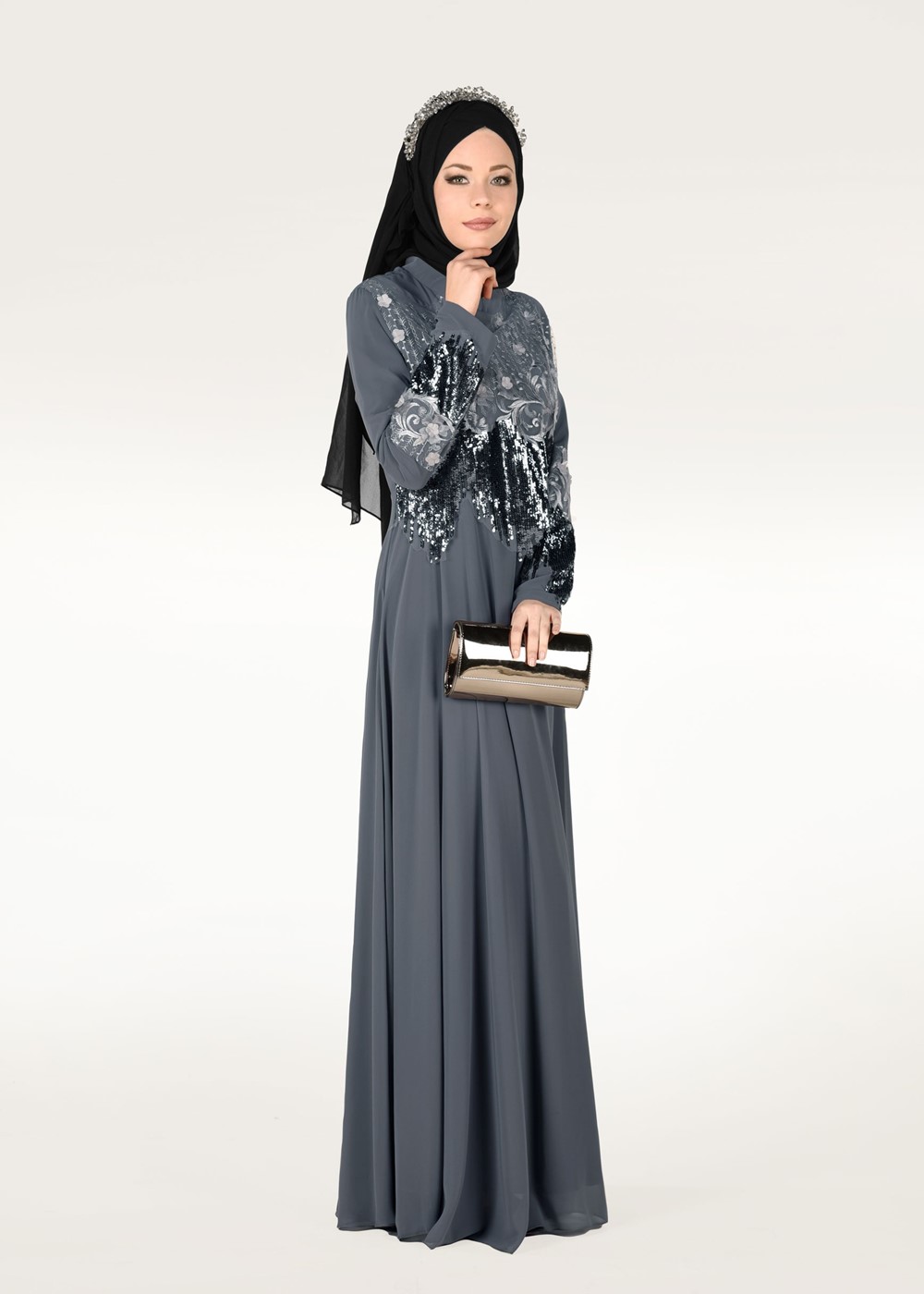 Hijab clothing GREY EMBROIDERED EVENING DRESS 8391 