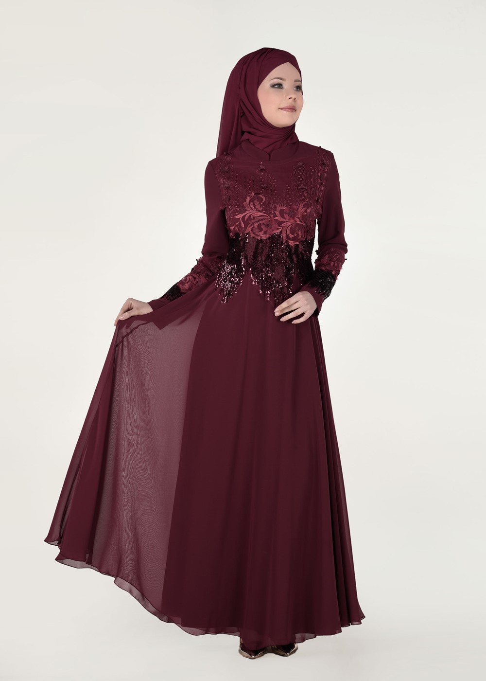 Vêtements hijab ROUGE BORDEAUX ROBE DE SOIRÉE BRODÉE 8391