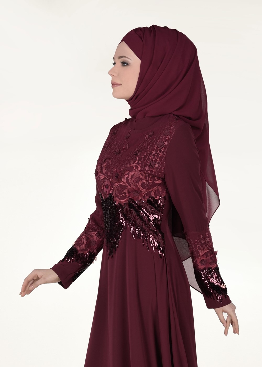 Vêtements hijab ROUGE BORDEAUX ROBE DE SOIRÉE BRODÉE 8391