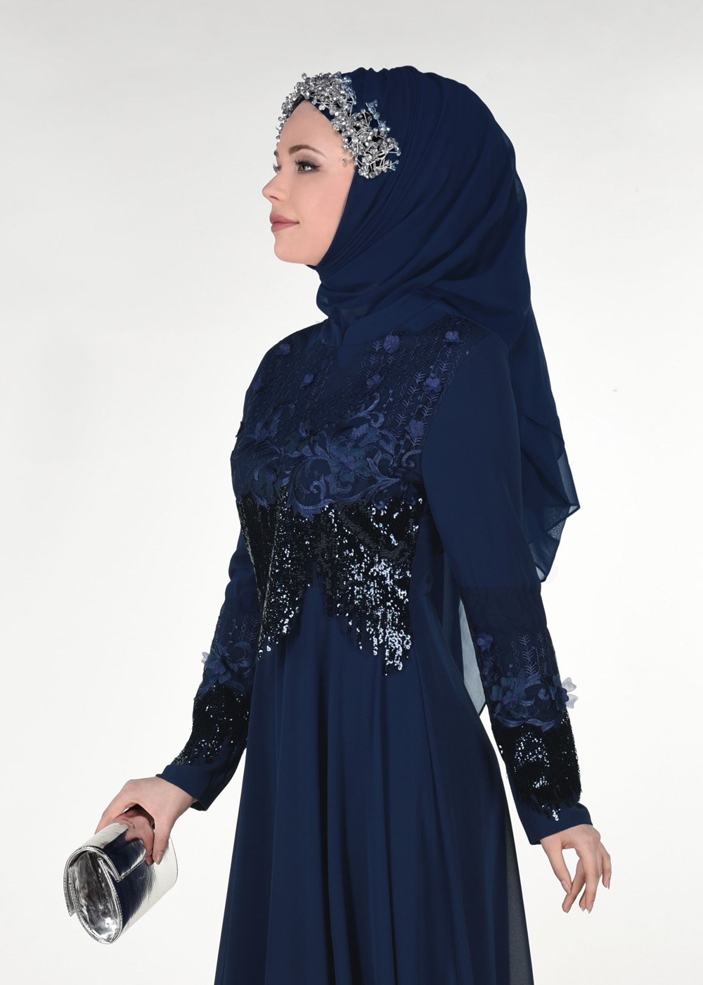 Hijab clothing NAVY BLUE EMBROIDERED EVENING DRESS 8391 