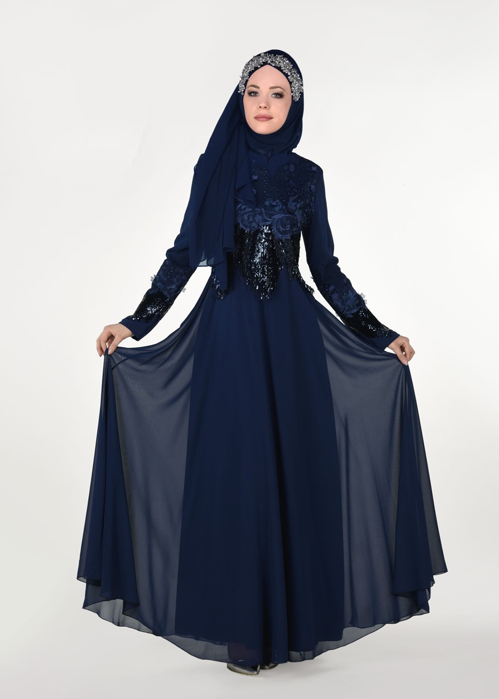 Hijab clothing NAVY BLUE EMBROIDERED EVENING DRESS 8391 