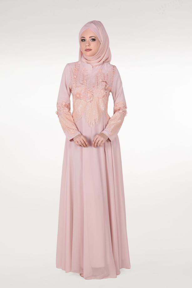 Tesettür giyim  İŞLEMELİ ABİYE ELBİSE 8391  - TRENDTESETTÜR