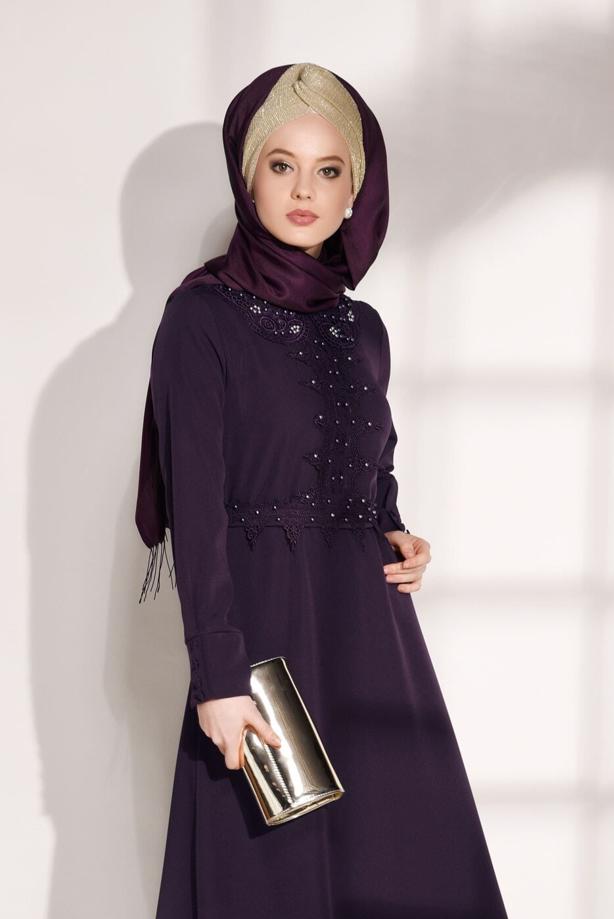 Tesettür giyim  T 8783 ModaBu-İnci Detaylı Elbise - TRENDTESETTÜR