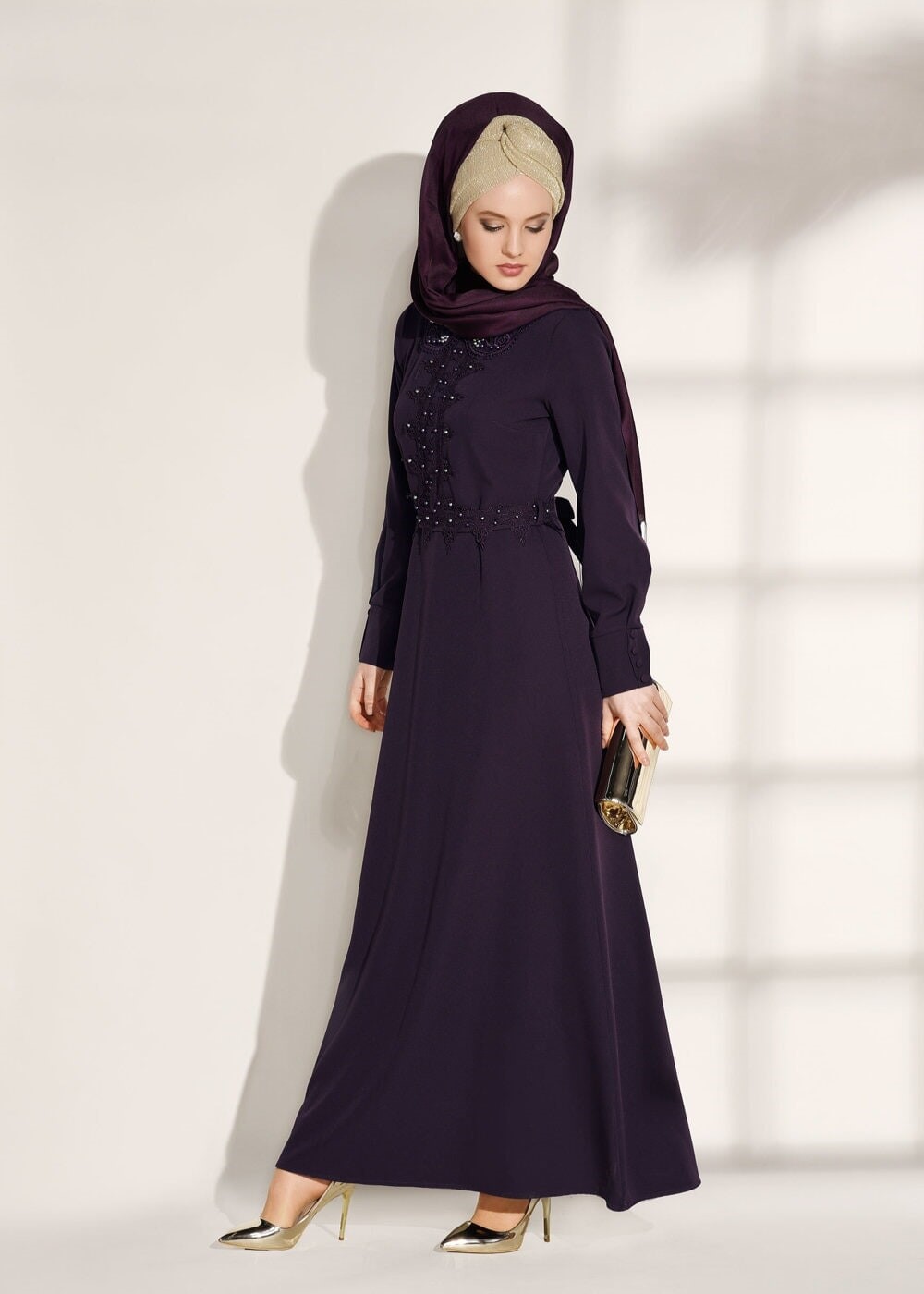 Tesettür giyim MOR T 8783 ModaBu-İnci Detaylı Elbise