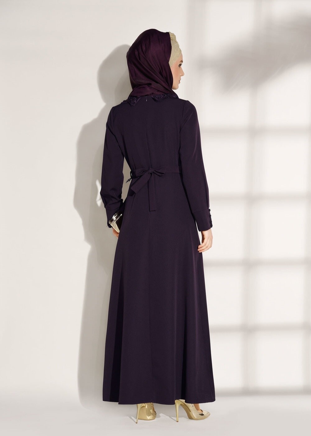 Tesettür giyim MOR T 8783 ModaBu-İnci Detaylı Elbise