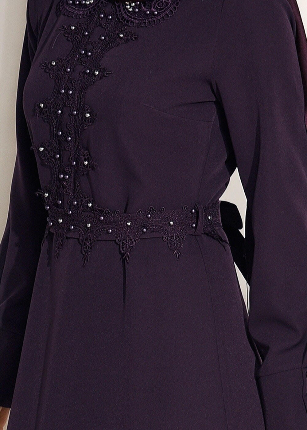 Tesettür giyim MOR T 8783 ModaBu-İnci Detaylı Elbise