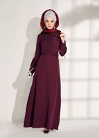 Tesettür giyim BORDO T 8783 ModaBu-İnci Detaylı Elbise