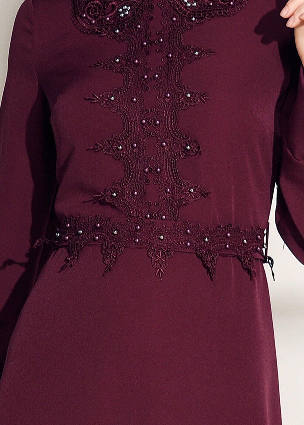 Tesettür giyim BORDO T 8783 ModaBu-İnci Detaylı Elbise
