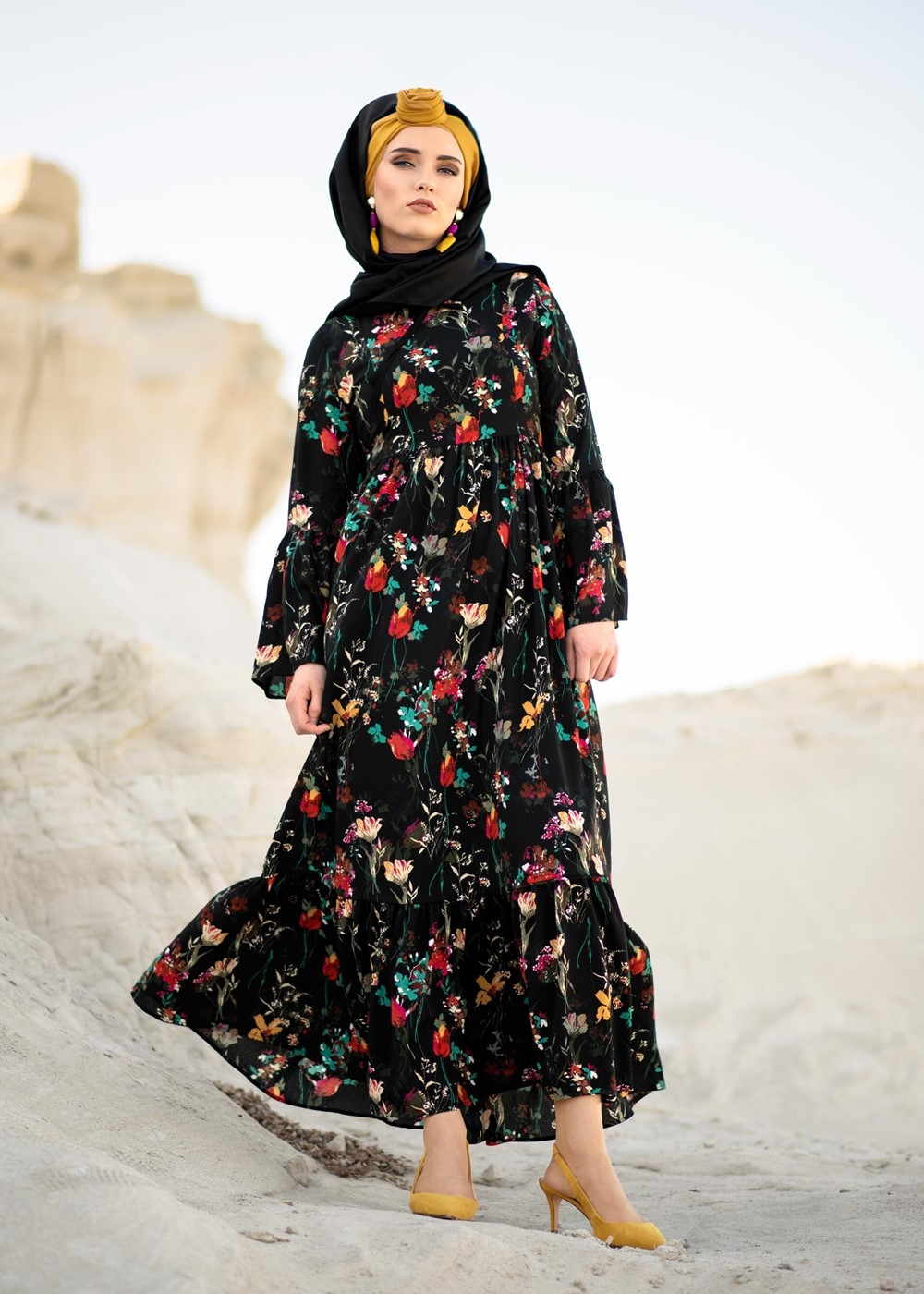 Tesettür giyim SİYAH T 8875 Asmiray-Çiçek Desenli Elbise