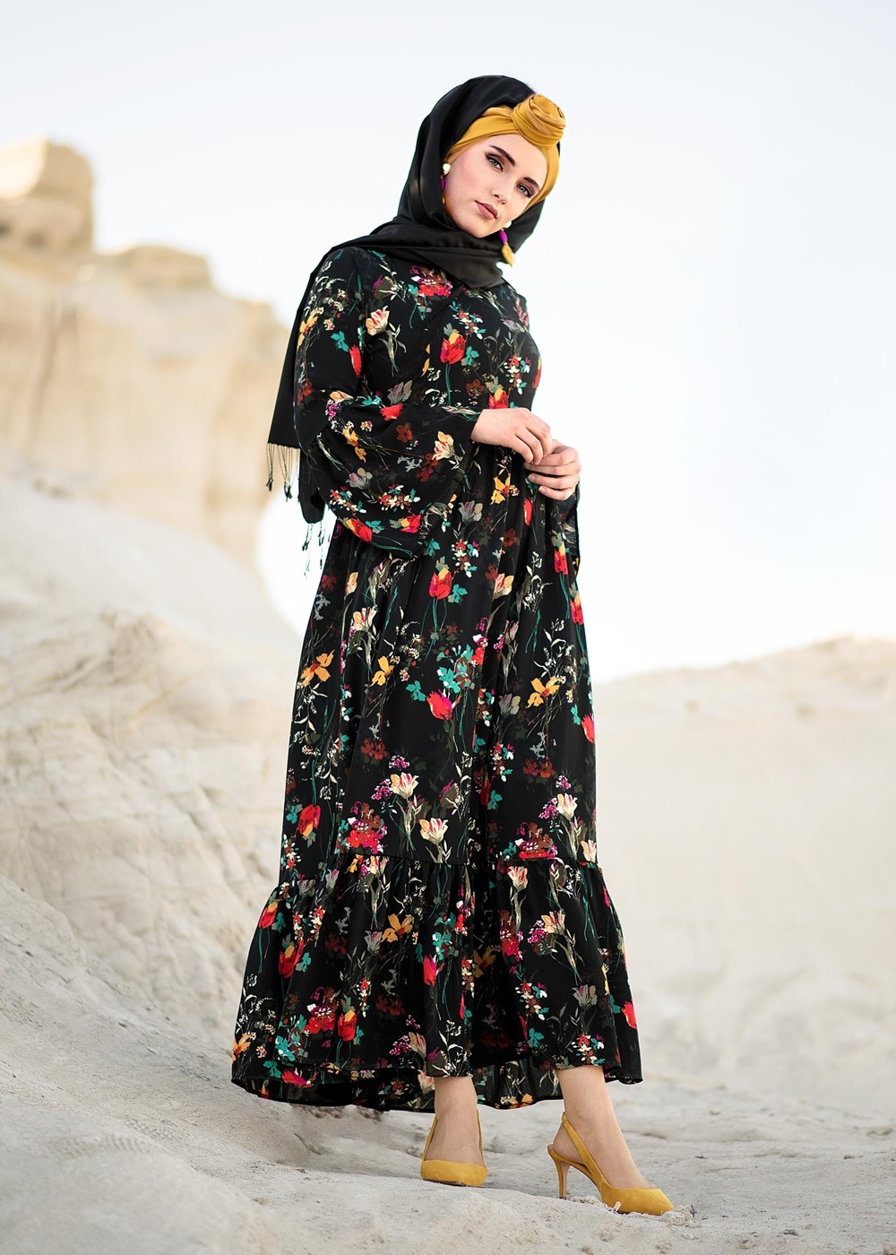 Tesettür giyim SİYAH T 8875 Asmiray-Çiçek Desenli Elbise