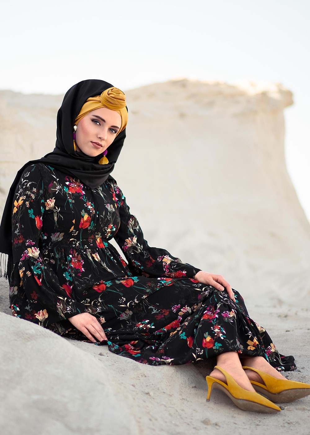 Tesettür giyim SİYAH T 8875 Asmiray-Çiçek Desenli Elbise