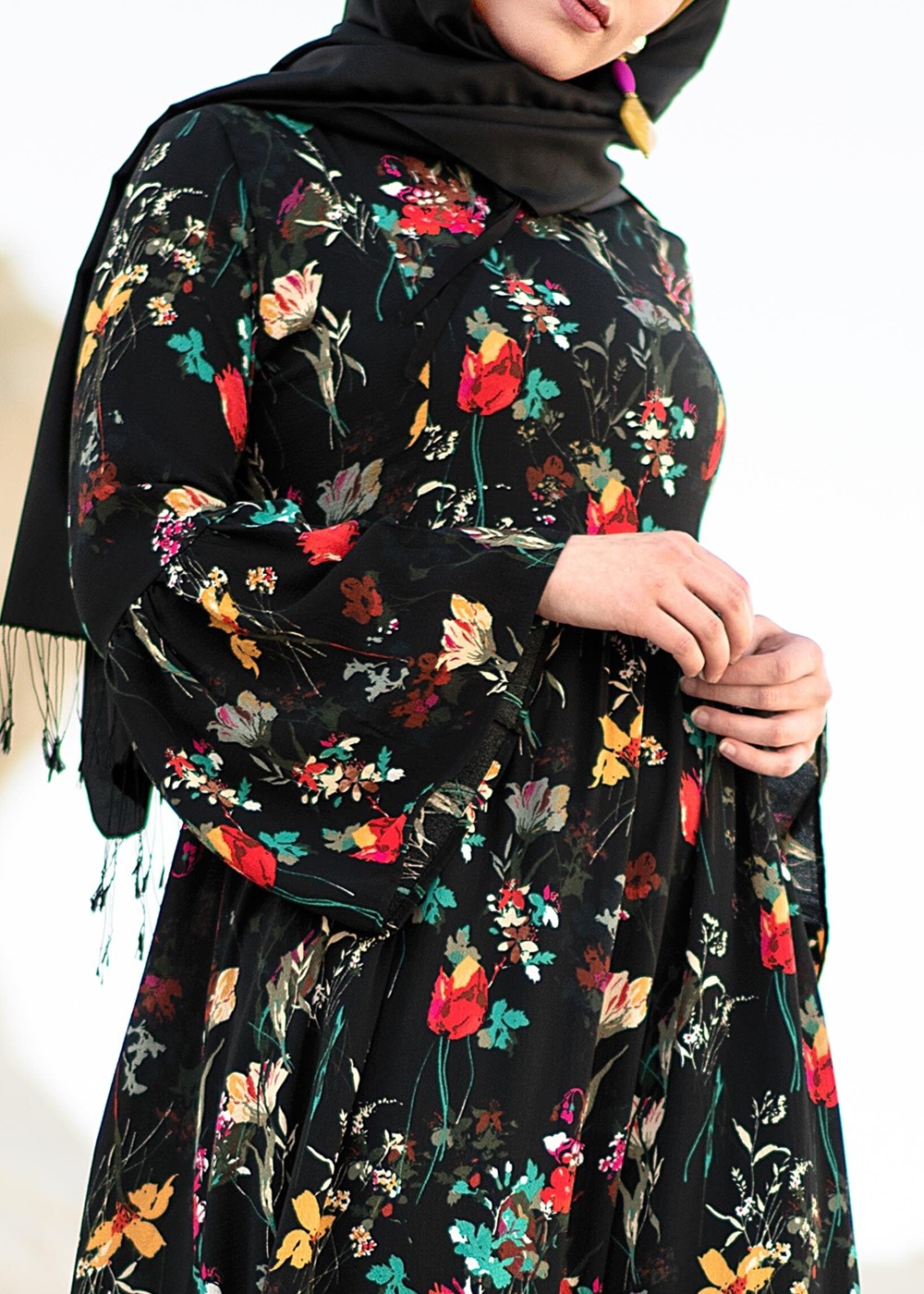 Tesettür giyim SİYAH T 8875 Asmiray-Çiçek Desenli Elbise