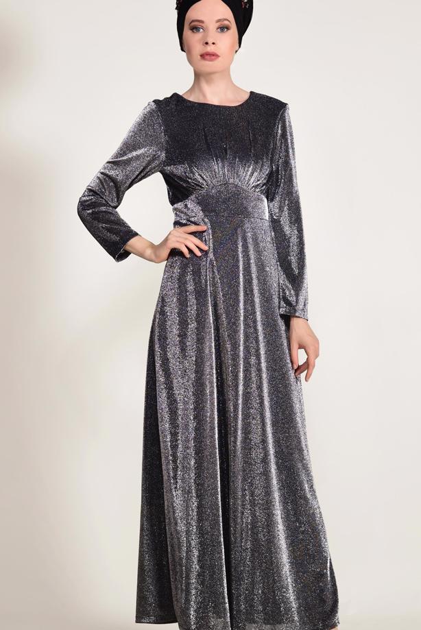 Vêtements hijab  SILVERY FABRIC DETAILED DRESS 9205  - TRENDTESETTÜR