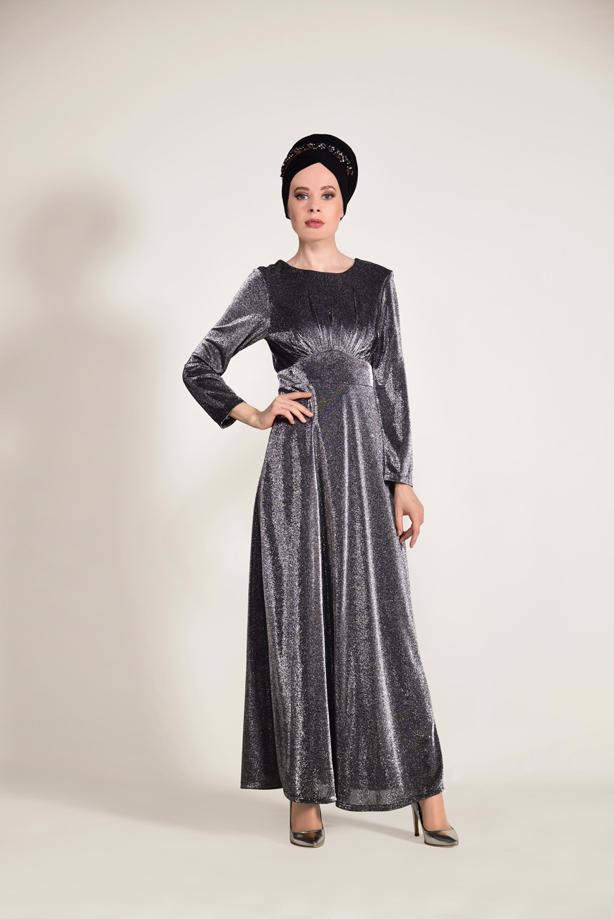 Vêtements hijab  SILVERY FABRIC DETAILED DRESS 9205  - TRENDTESETTÜR