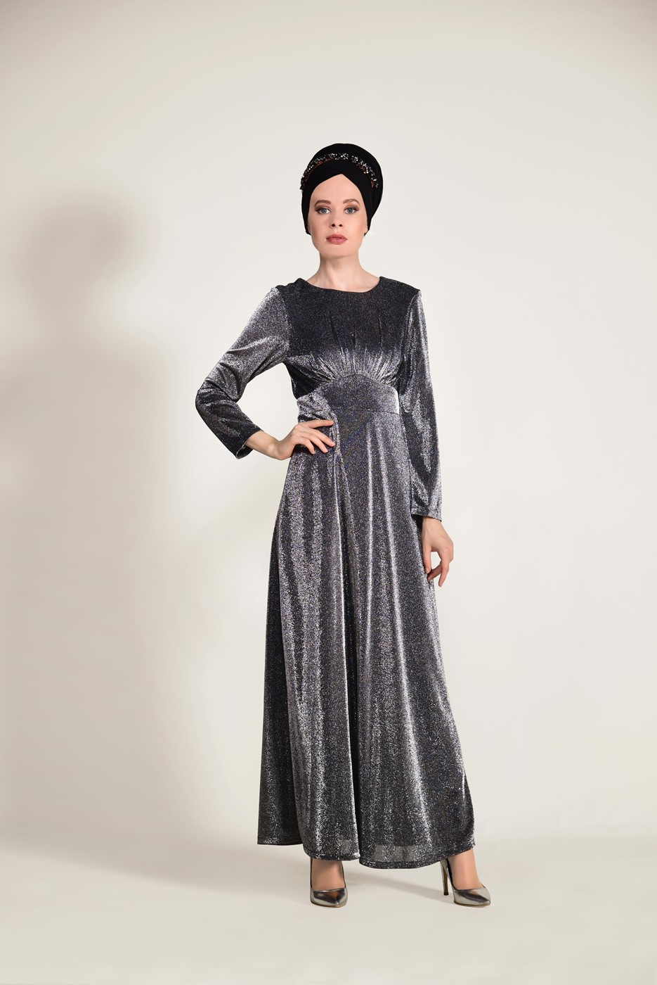 Hijab clothing SILVER SILVERY FABRIC DETAILED DRESS 9205 