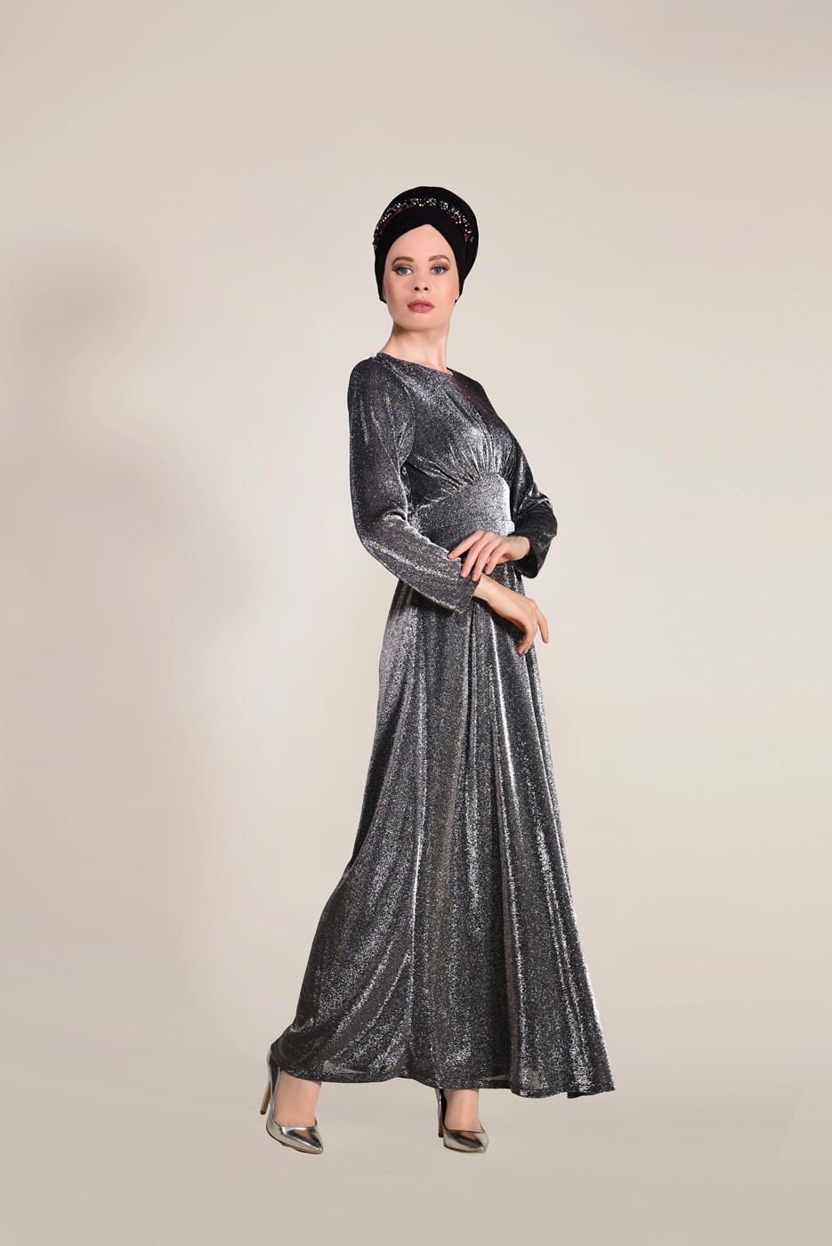 Hijab clothing SILVER SILVERY FABRIC DETAILED DRESS 9205 