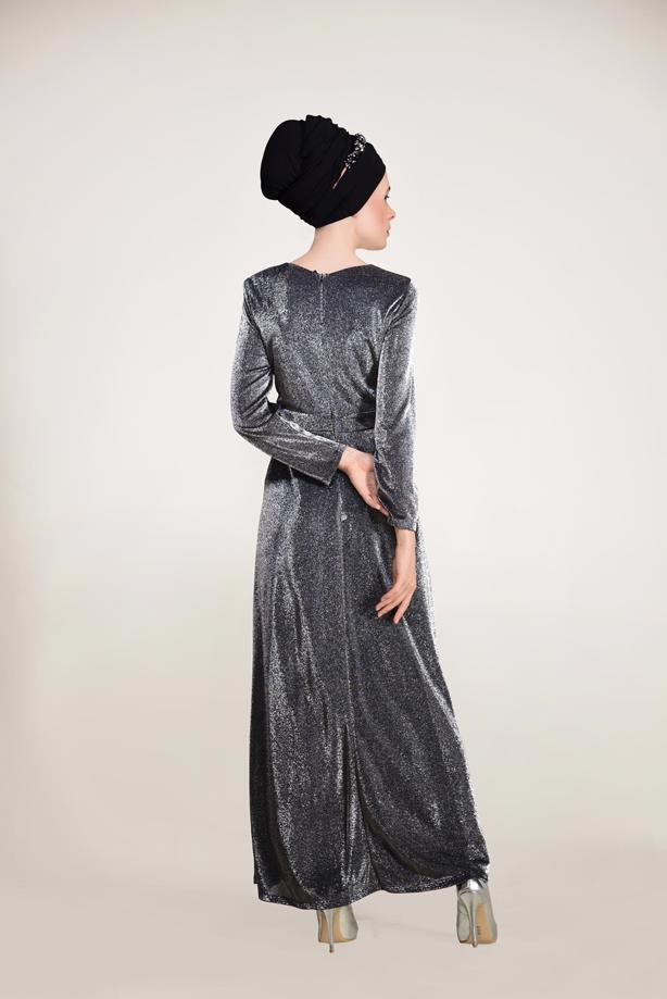 Vêtements hijab  SILVERY FABRIC DETAILED DRESS 9205  - TRENDTESETTÜR