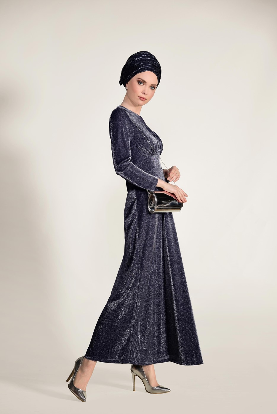 Hijab clothing NAVY BLUE SILVERY FABRIC DETAILED DRESS 9205 