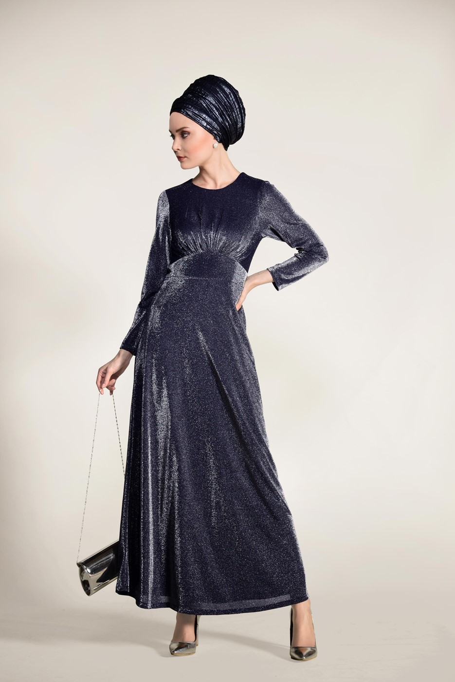 Hijab clothing NAVY BLUE SILVERY FABRIC DETAILED DRESS 9205 