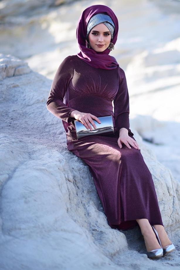 Vêtements hijab  SILVERY FABRIC DETAILED DRESS 9205  - TRENDTESETTÜR