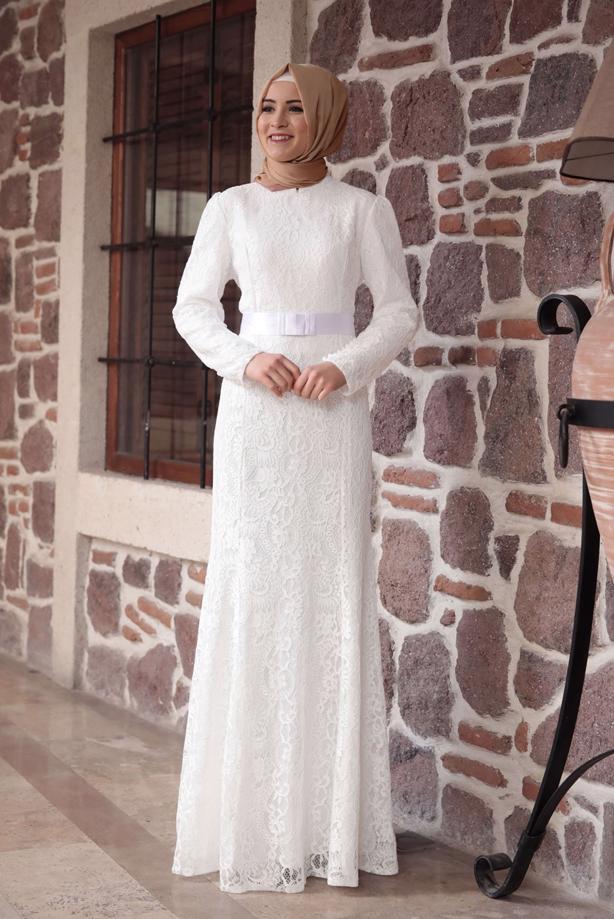 Tesettür giyim  DANTELLİ BELİ KUŞAKLI ABİYE ELBİSE 9713 - TRENDTESETTÜR