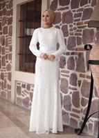 Tesettür giyim KREM DANTELLİ BELİ KUŞAKLI ABİYE ELBİSE 9713